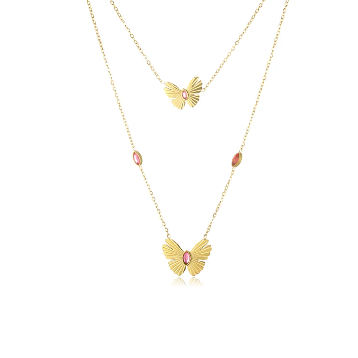 Simple Style Butterfly Stainless Steel Plating Inlay Artificial Rhinestones 18k Gold Plated Double Layer Necklaces