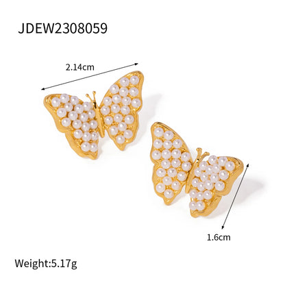 Wholesale Jewelry Simple Style Butterfly 304 Stainless Steel Pearl Zircon Plating Inlay Rings Earrings Necklace