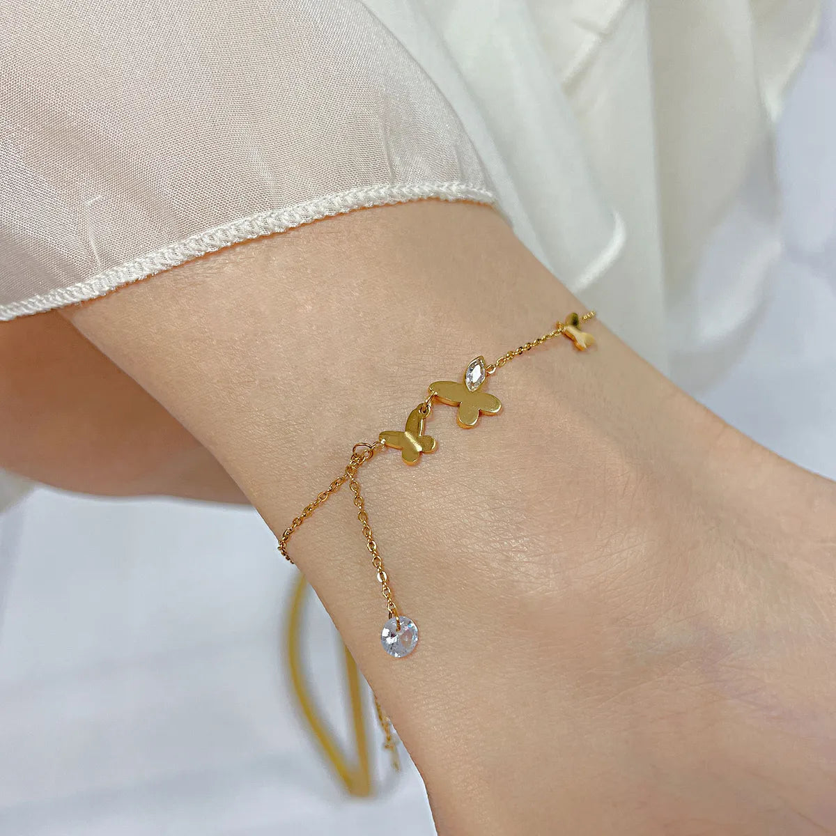 Simple Style Butterfly Stainless Steel Zircon Women'S Anklet