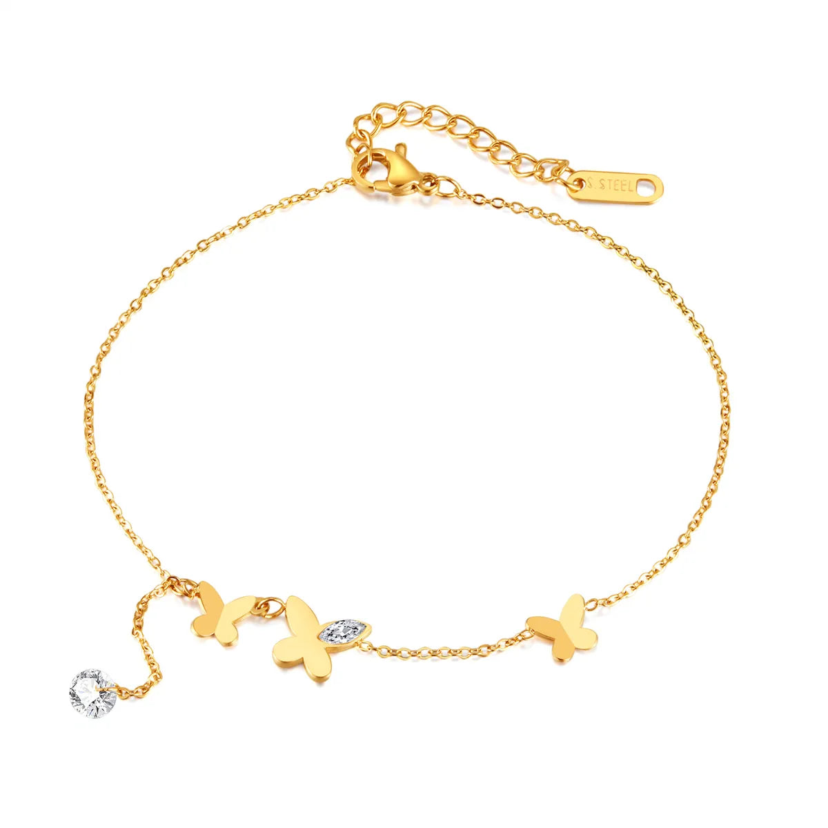 Simple Style Butterfly Stainless Steel Zircon Women'S Anklet