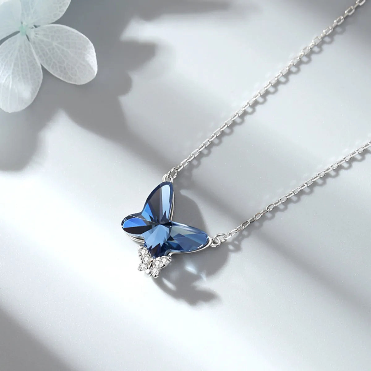 Simple Style Butterfly Sterling Silver Inlay Crystal Pendant Necklace