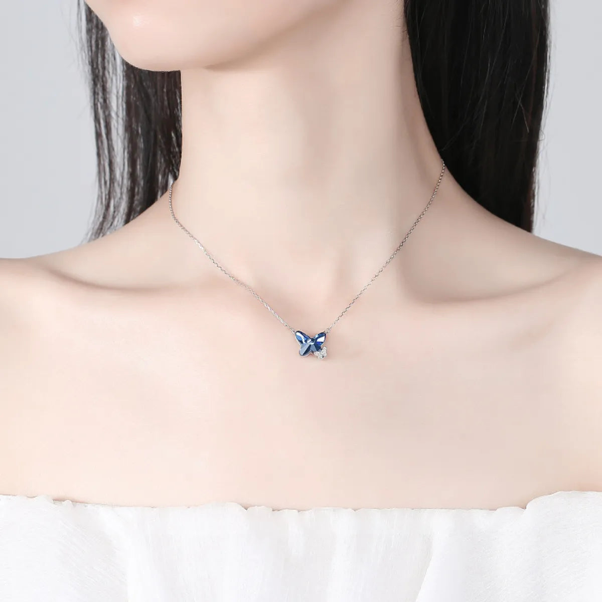 Simple Style Butterfly Sterling Silver Inlay Crystal Pendant Necklace