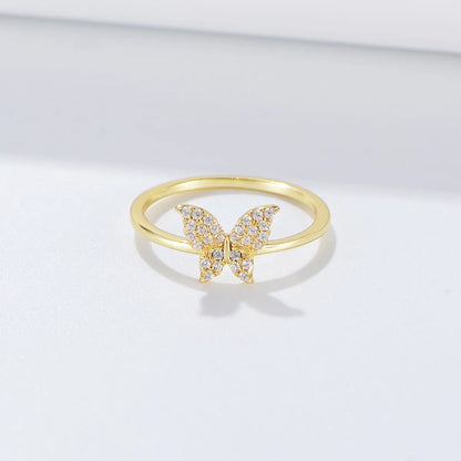 Simple Style Butterfly Sterling Silver Plating Inlay Zircon 14k Gold Plated Rings