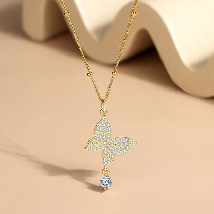 Simple Style Butterfly Sterling Silver Plating Inlay Zircon Pendant Necklace