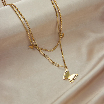 Simple Style Butterfly Titanium Steel Plating 18k Gold Plated Double Layer Necklaces