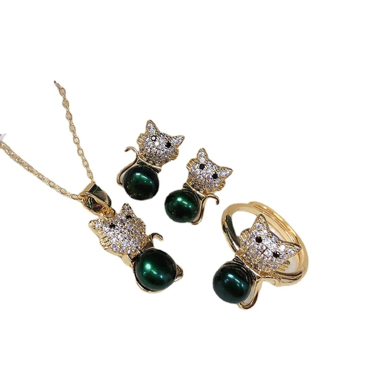 Simple Style Cat Copper Inlay Zircon Jewelry Set