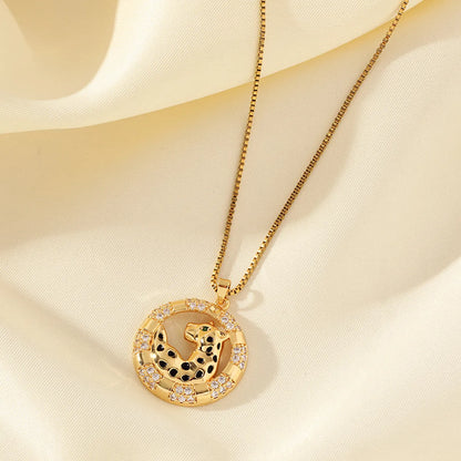 Simple Style Cheetah Print Stainless Steel Brass Plating Inlay Zircon 18k Gold Plated Pendant Necklace