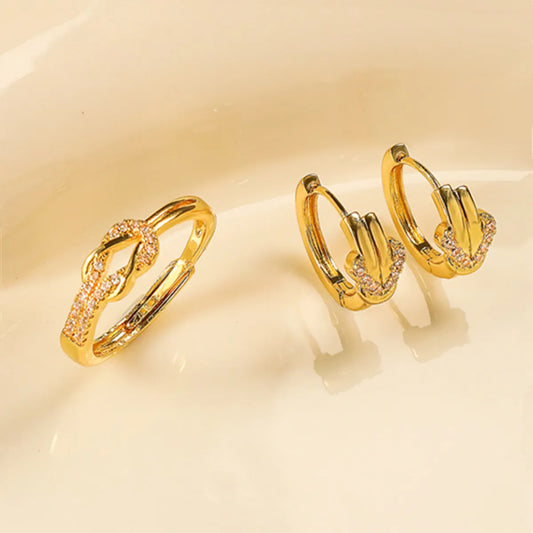 Simple Style Circle Knot Copper Plating Hollow Out Inlay Zircon 18k Gold Plated Jewelry Set