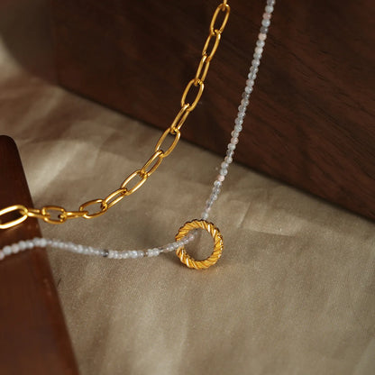 Simple Style Circle Natural Stone Titanium Steel Beaded Plating 18k Gold Plated Double Layer Necklaces