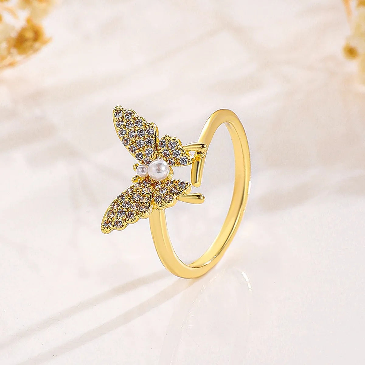 Simple Style Classic Style Butterfly Copper Plating Inlay Zircon 14k Gold Plated Open Ring