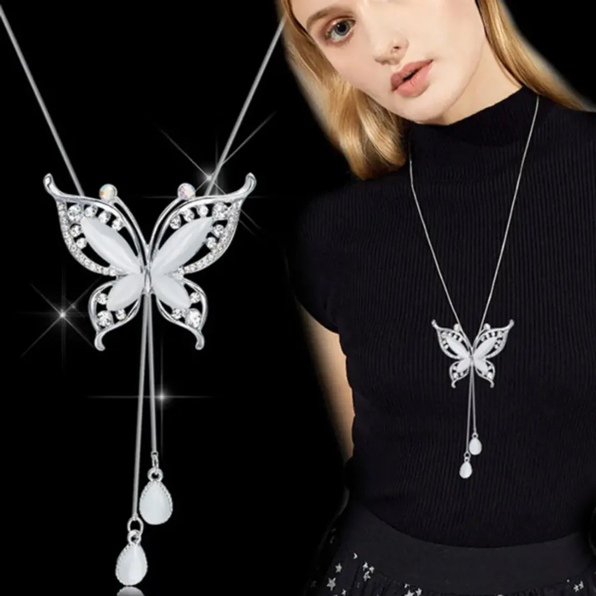 Simple Style Classic Style Butterfly Silver Plated Artificial Gemstones Rhinestones Glass Zinc Alloy Wholesale Pendant Necklace