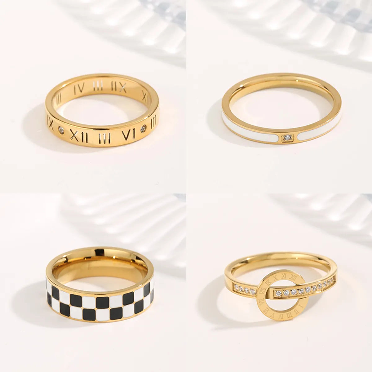 Simple Style Classic Style Circle Roman Numeral Checkered Titanium Steel Copper Plating Inlay Zircon Gold Plated Rings