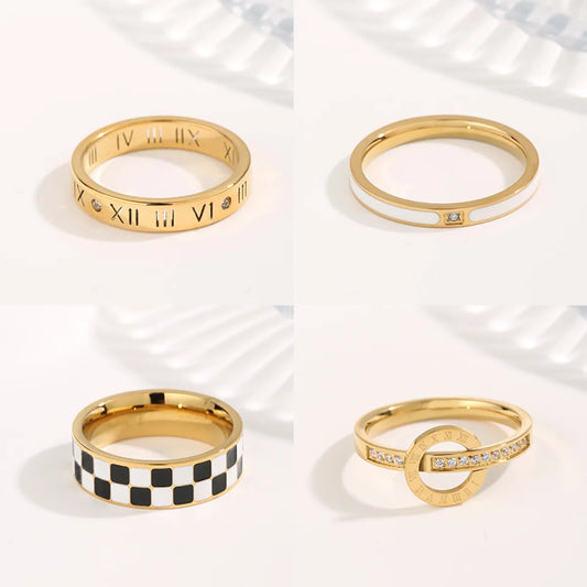 Simple Style Classic Style Circle Roman Numeral Checkered Titanium Steel Copper Plating Inlay Zircon Gold Plated Rings