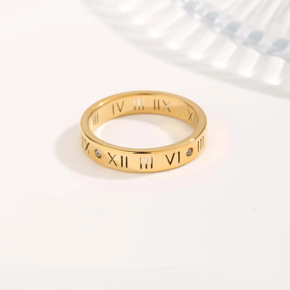 Simple Style Classic Style Circle Roman Numeral Checkered Titanium Steel Copper Plating Inlay Zircon Gold Plated Rings