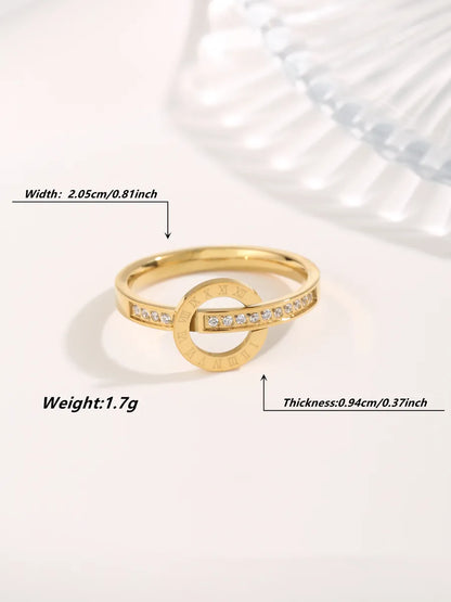 Simple Style Classic Style Circle Roman Numeral Checkered Titanium Steel Copper Plating Inlay Zircon Gold Plated Rings