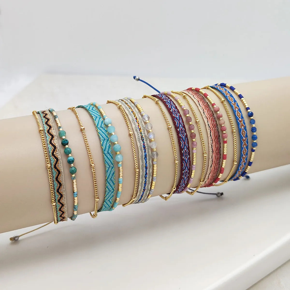 Simple Style Classic Style Color Block Natural Stone Layered Knitting 18k Gold Plated Bracelets