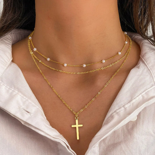 Simple Style Classic Style Cross Alloy Wholesale Layered Necklaces