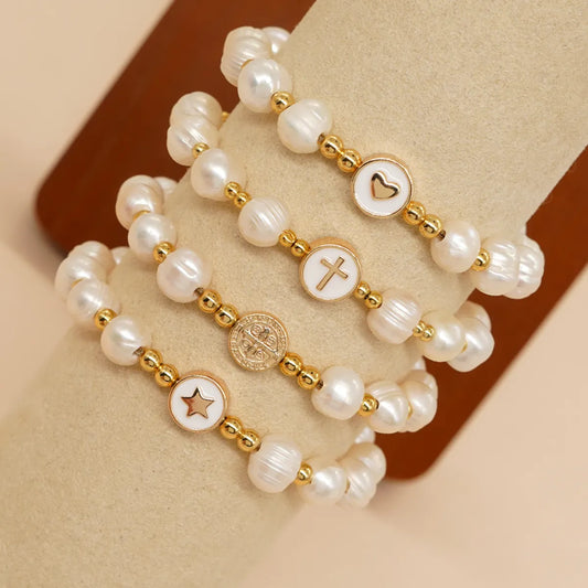 Simple Style Classic Style Cross Heart Shape Imitation Pearl Copper Wholesale Bracelets