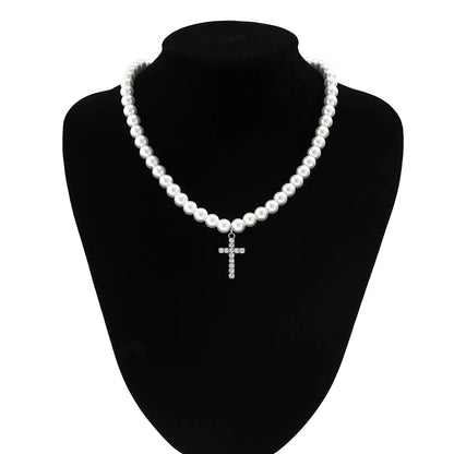 Simple Style Classic Style Cross Imitation Pearl Rhinestone Beaded Men'S Pendant Necklace