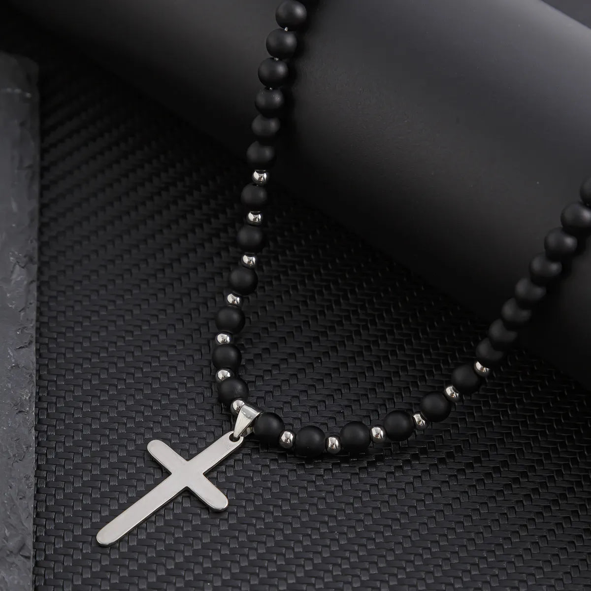 Simple Style Classic Style Cross Natural Stone Titanium Steel Beaded Men'S Pendant Necklace