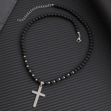 Simple Style Classic Style Cross Natural Stone Titanium Steel Beaded Men'S Pendant Necklace