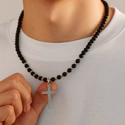 Simple Style Classic Style Cross Natural Stone Titanium Steel Beaded Men'S Pendant Necklace