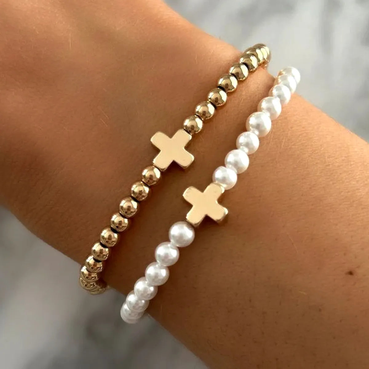 Simple Style Classic Style Cross Round Imitation Pearl Wholesale Bracelets