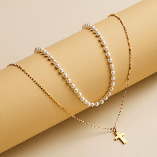 Simple Style Classic Style Cross Stainless Steel Imitation Pearl Beaded Plating Women's Necklace