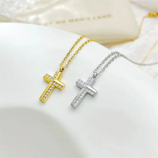 Simple Style Classic Style Cross 304 Stainless Steel Plating Inlay Zircon White Gold Plated Gold Plated Women'S Pendant Necklace