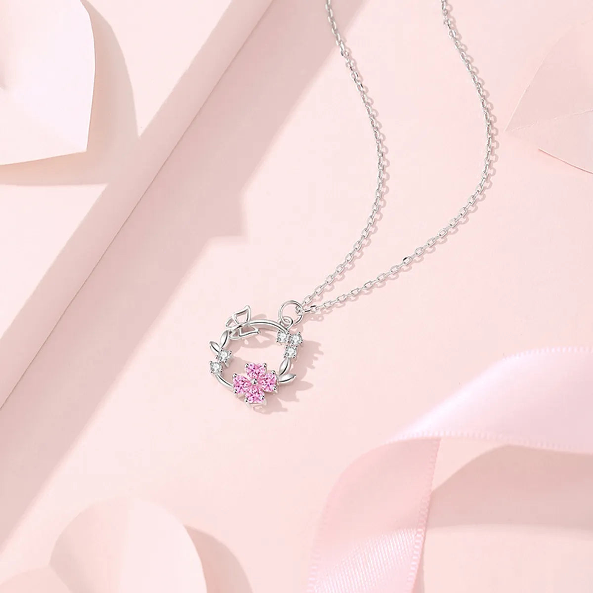 Simple Style Classic Style Flower Wreath Butterfly Sterling Silver Inlay Zircon Pendant Necklace