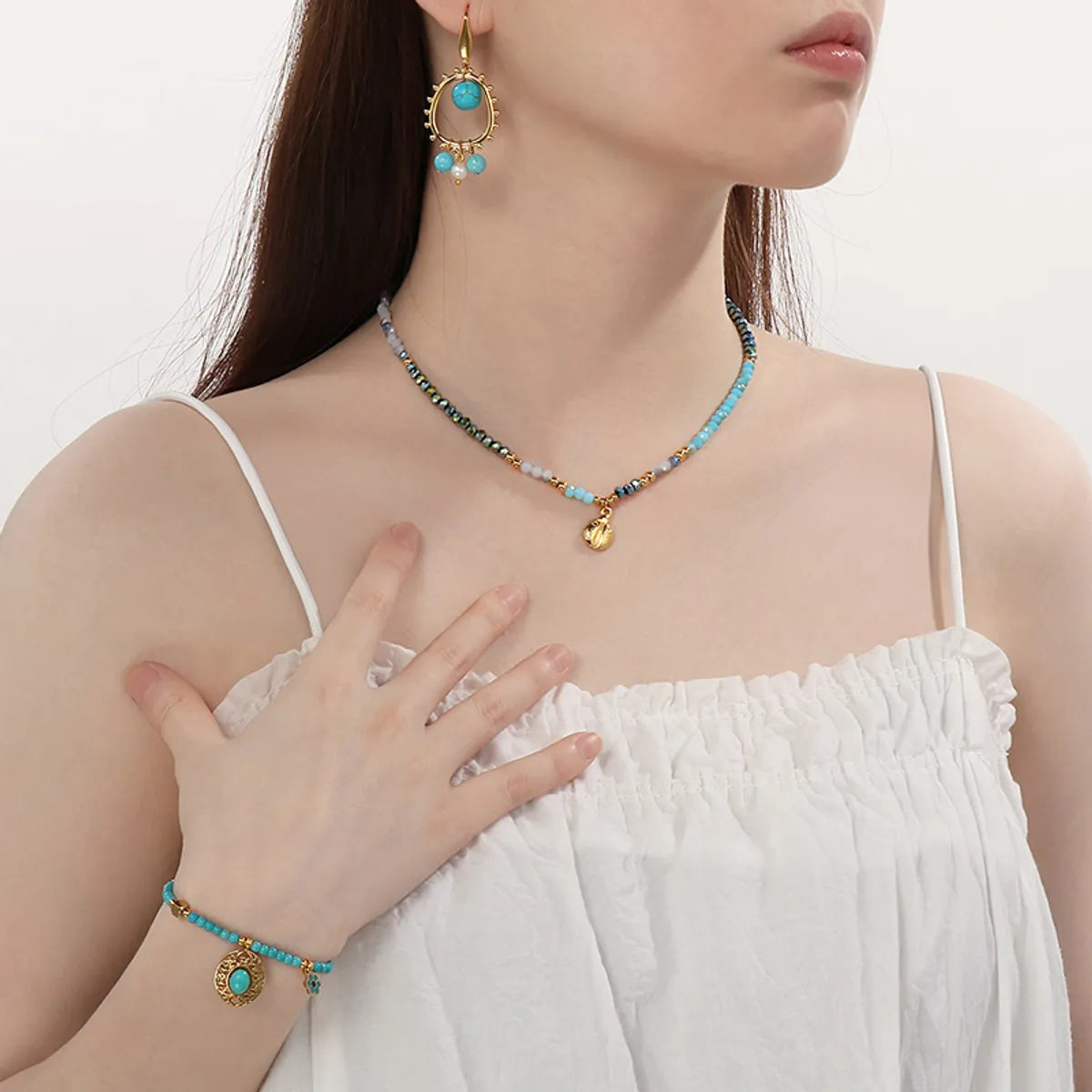 Simple Style Classic Style Geometric Flower Dragonfly 304 Stainless Steel Artificial Crystal Seed Bead Beaded Inlay Turquoise 18K Gold Plated Women'S Bracelets Earrings Necklace