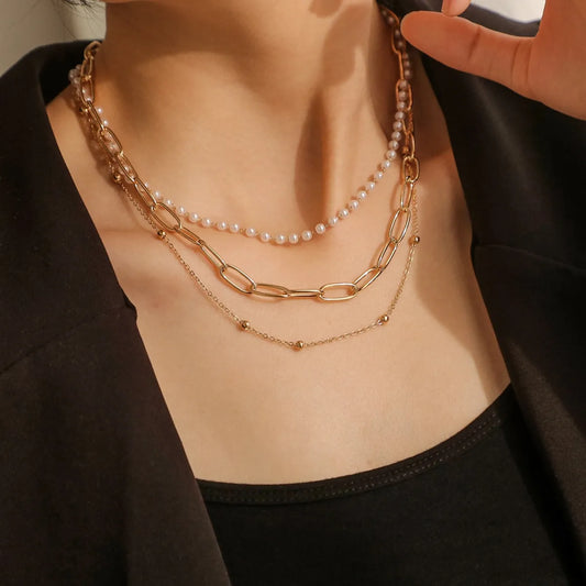 Simple Style Classic Style Geometric Iron Beaded 18K Gold Plated Women's Three Layer Necklace