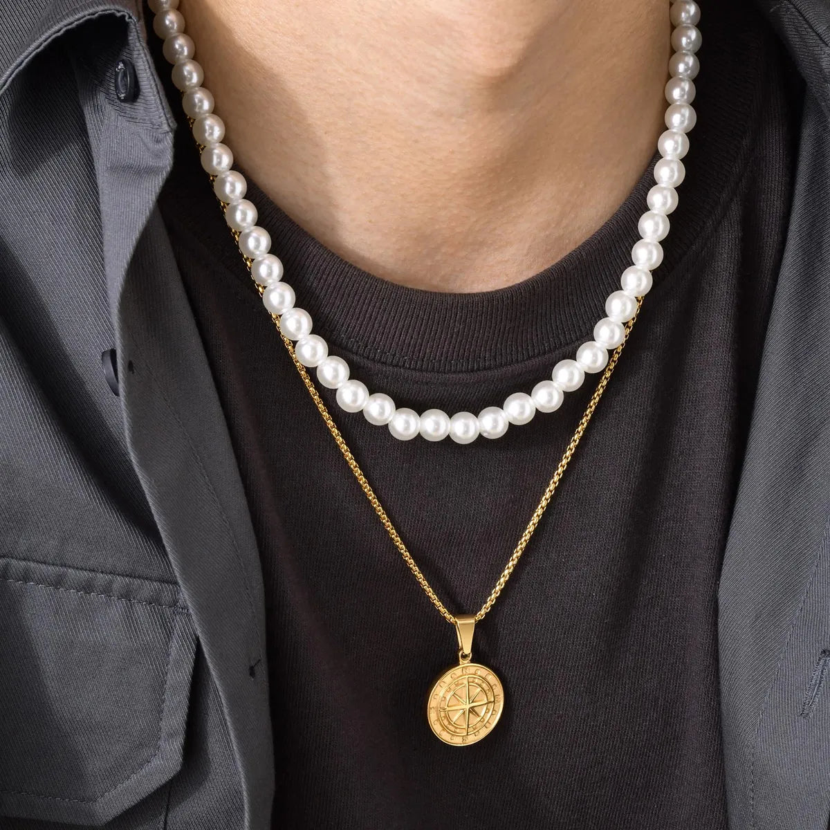 Simple Style Classic Style Geometric Stainless Steel Imitation Pearl Layered Plating 18k Gold Plated Men's Layered Necklaces