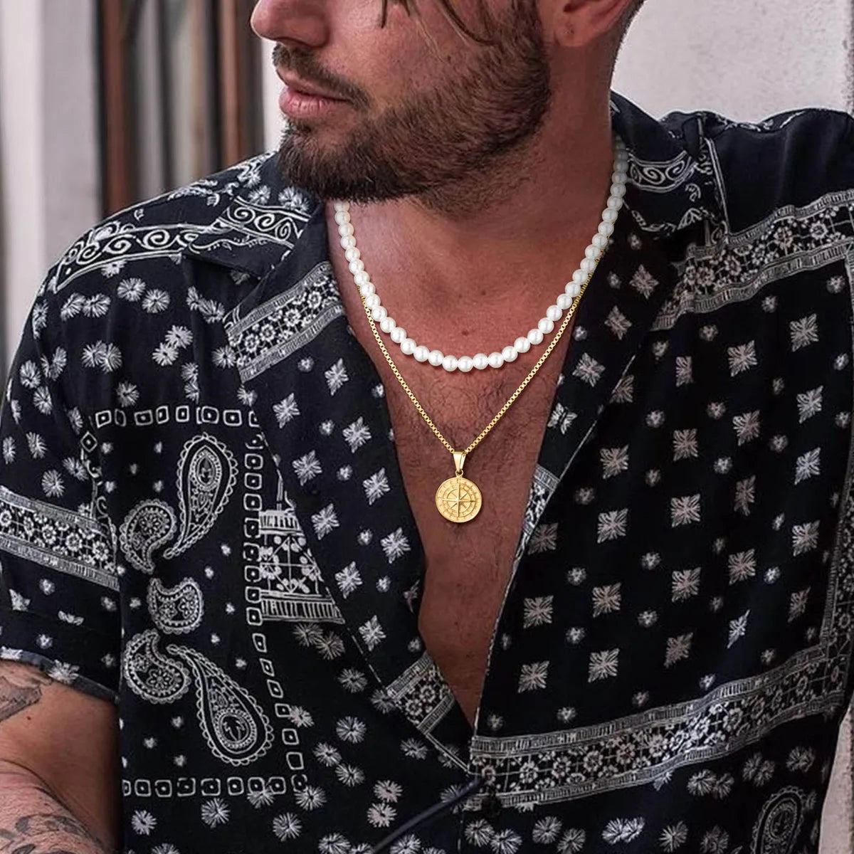 Simple Style Classic Style Geometric Stainless Steel Imitation Pearl Layered Plating 18k Gold Plated Men's Layered Necklaces