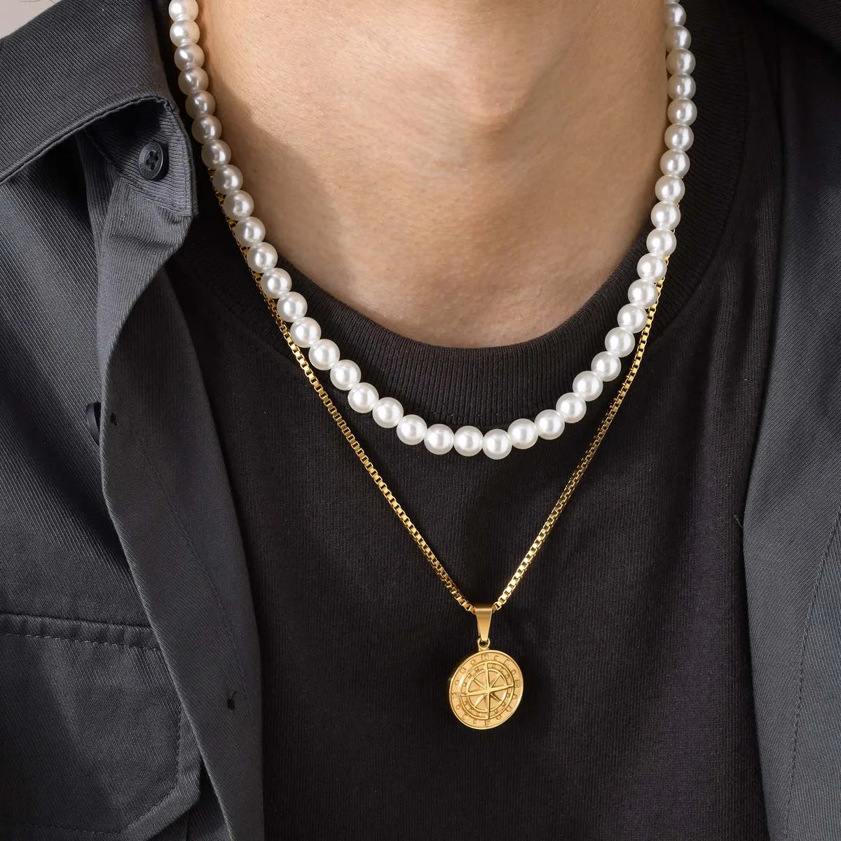 Simple Style Classic Style Geometric Stainless Steel Imitation Pearl Layered Plating 18k Gold Plated Men's Layered Necklaces