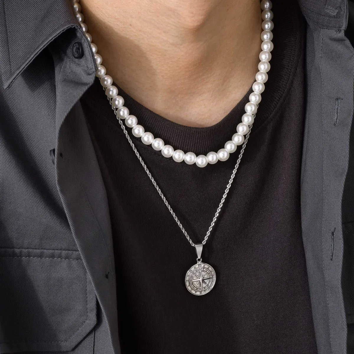 Simple Style Classic Style Geometric Stainless Steel Imitation Pearl Layered Plating 18k Gold Plated Men's Layered Necklaces