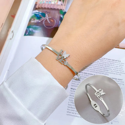 Simple Style Classic Style Letter Butterfly Titanium Steel Inlay Artificial Gemstones Bangle