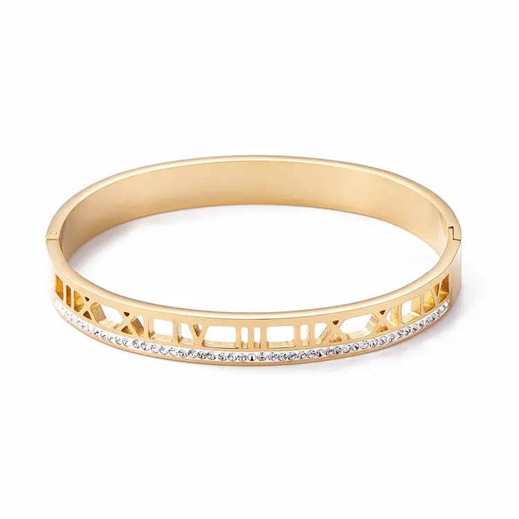 Simple Style Classic Style Roman Numeral 304 Stainless Steel Gold Plated Zircon Bangle In Bulk