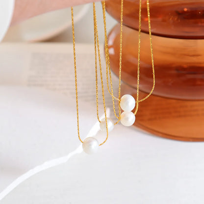 Simple Style Classic Style Round Freshwater Pearl Titanium Steel 18k Gold Plated Pendant Necklace