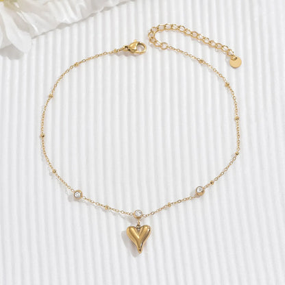 Simple Style Classic Style Round Heart Shape Stainless Steel Beaded Plating Inlay Zircon 14k Gold Plated Bracelets Anklet