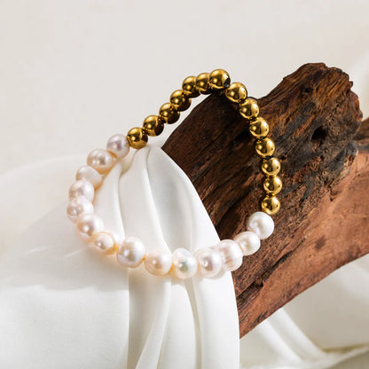 Simple Style Classic Style Round Stainless Steel Freshwater Pearl Irregular Beaded 18k Gold Plated Bracelets