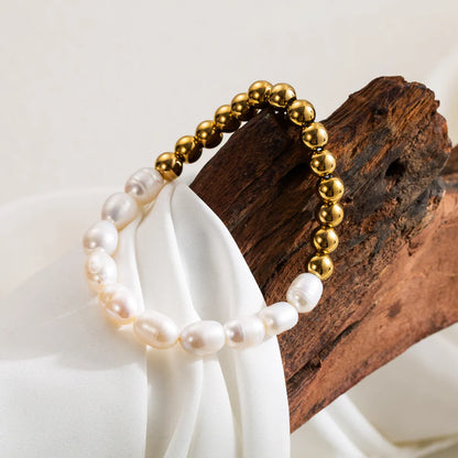 Simple Style Classic Style Round Stainless Steel Freshwater Pearl Irregular Beaded 18k Gold Plated Bracelets