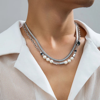 Simple Style Classic Style Solid Color Imitation Pearl Alloy Beaded Men'S Layered Necklaces