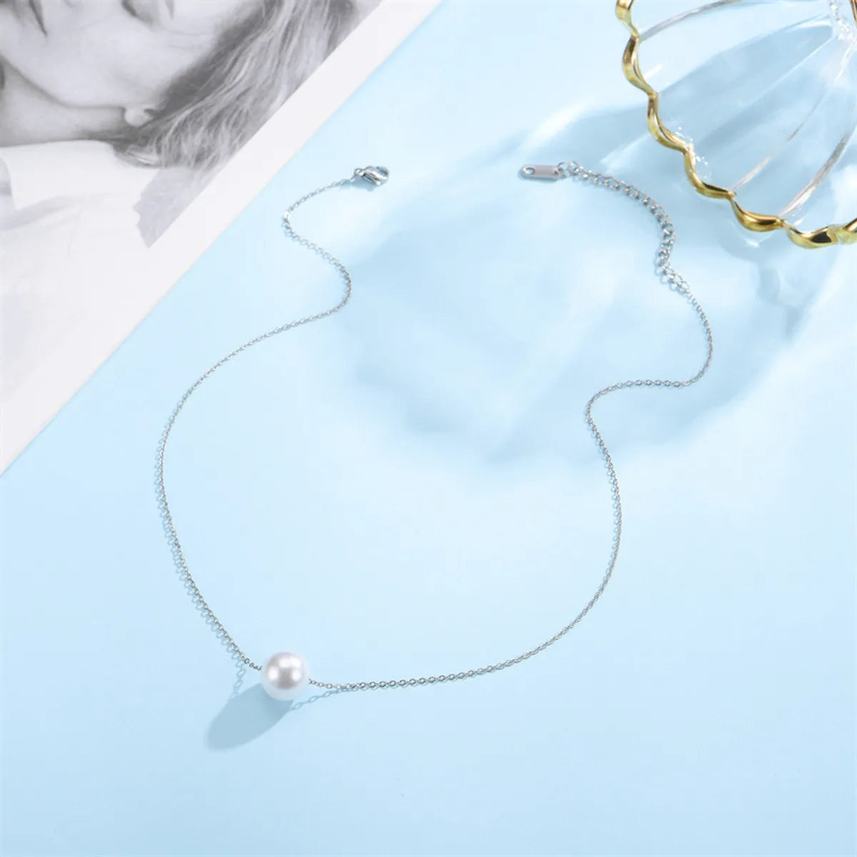 Simple Style Classic Style Solid Color Stainless Steel Freshwater Pearl Polishing Necklace