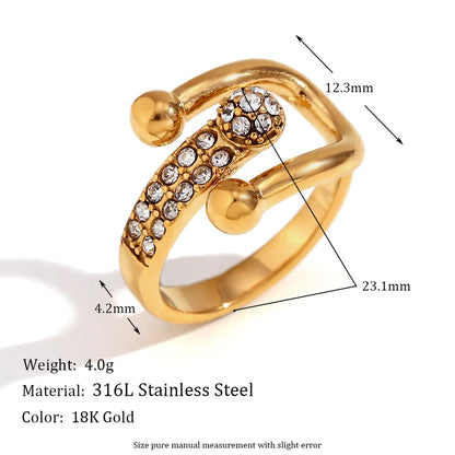 Wholesale Jewelry Simple Style Classic Style Solid Color 304 Stainless Steel Rhinestones 18K Gold Plated Plating Inlay Open Rings