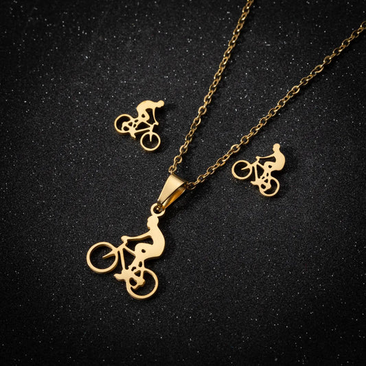 Simple Style Classic Style Sports Bicycle Stainless Steel Plating 18k Gold Plated Earrings Necklace Jewelry Set