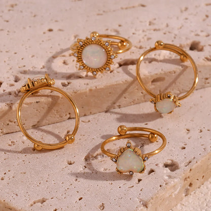 Simple Style Classic Style Sun Water Droplets Heart Shape Stainless Steel Plating Inlay Opal 18k Gold Plated Open Rings