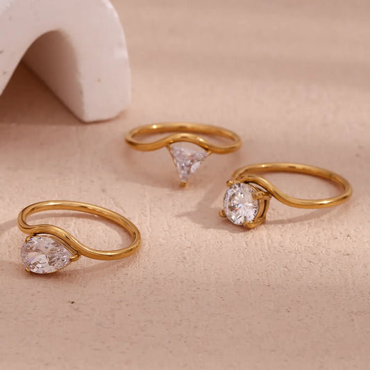 Wholesale Jewelry Simple Style Classic Style Triangle Round Water Droplets 304 Stainless Steel Zircon 18K Gold Plated Plating Inlay Rings