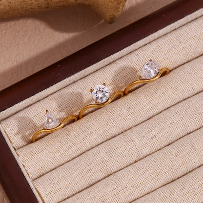 Wholesale Jewelry Simple Style Classic Style Triangle Round Water Droplets 304 Stainless Steel Zircon 18K Gold Plated Plating Inlay Rings