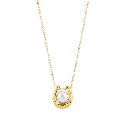 Simple Style Classic Style U Shape Imitation Pearl Titanium Steel Plating 18k Gold Plated Women's Pendant Necklace